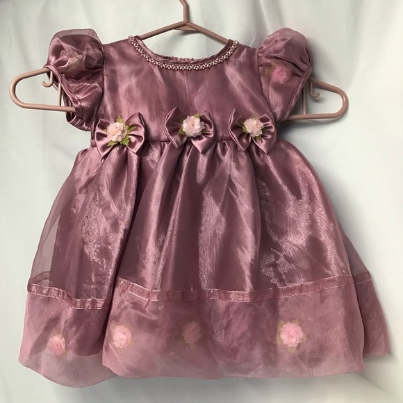 fancy baby dress & pantaloons soft sheer pale raspberry beads flowers 12/18 - Picture 1 of 10